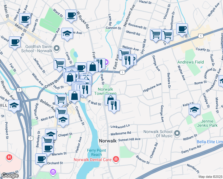 map of restaurants, bars, coffee shops, grocery stores, and more near 69 East Avenue in Norwalk