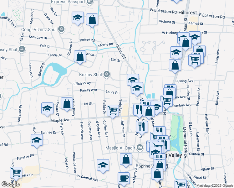 map of restaurants, bars, coffee shops, grocery stores, and more near 15 Laura Place in Spring Valley