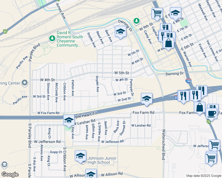 map of restaurants, bars, coffee shops, grocery stores, and more near 326 Arkel Way in Cheyenne