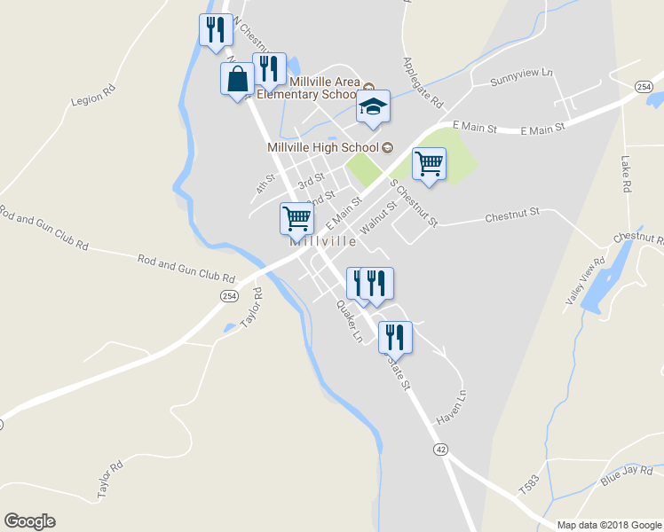 map of restaurants, bars, coffee shops, grocery stores, and more near 44 South State Street in Millville