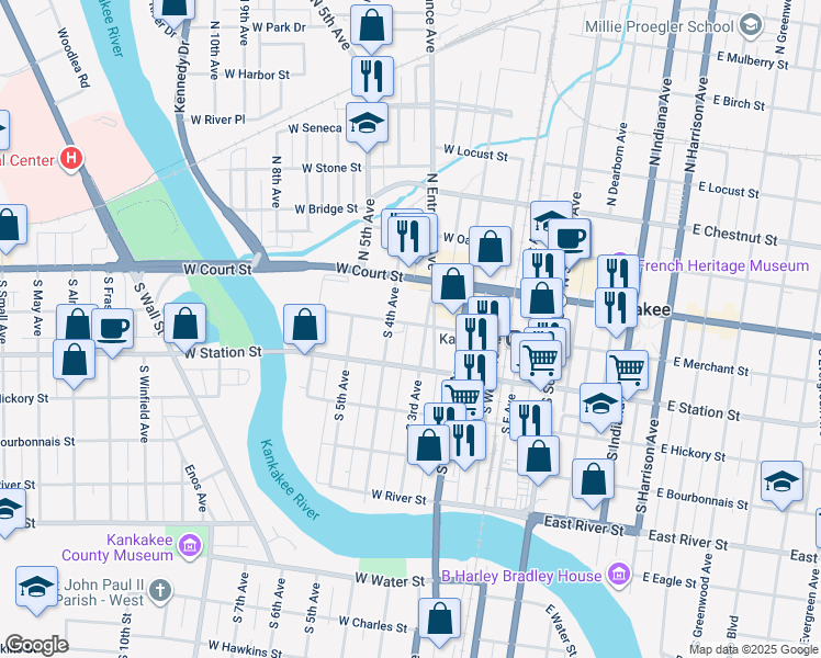 map of restaurants, bars, coffee shops, grocery stores, and more near 338 West Merchant Street in Kankakee