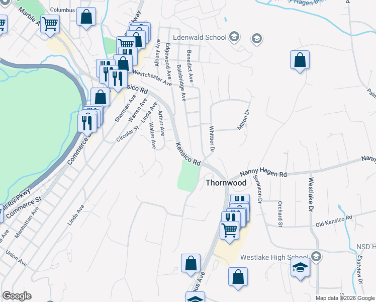 map of restaurants, bars, coffee shops, grocery stores, and more near 26 Bainbridge Avenue in Thornwood
