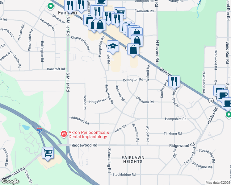 map of restaurants, bars, coffee shops, grocery stores, and more near 174 Durward Rd in Akron