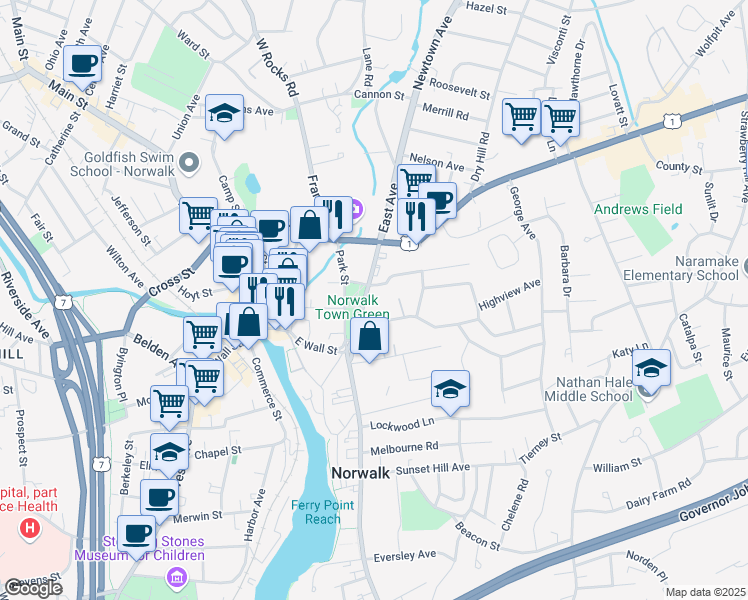 map of restaurants, bars, coffee shops, grocery stores, and more near 69 East Avenue in Norwalk