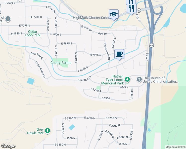 map of restaurants, bars, coffee shops, grocery stores, and more near 2327 Deer Run Drive in South Weber