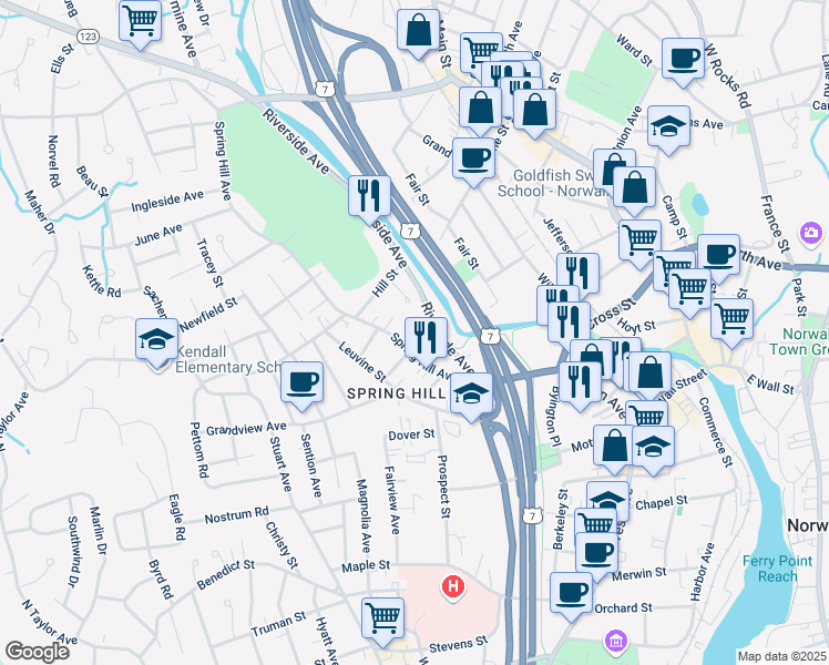 map of restaurants, bars, coffee shops, grocery stores, and more near 21 Spring Hill Avenue in Norwalk