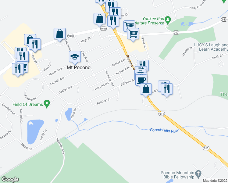 map of restaurants, bars, coffee shops, grocery stores, and more near 41 Fairview Avenue in Mount Pocono