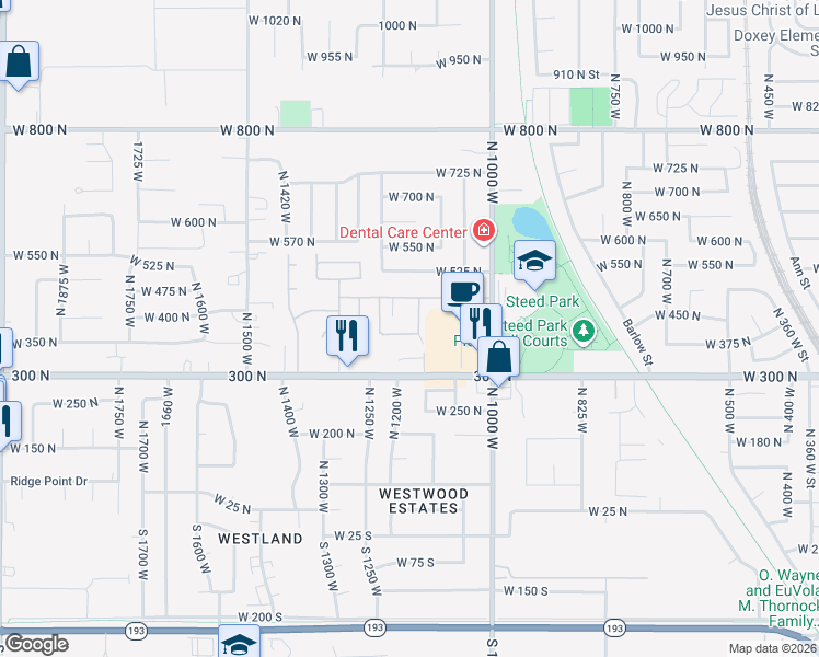 map of restaurants, bars, coffee shops, grocery stores, and more near 90 West 400 North in Clearfield