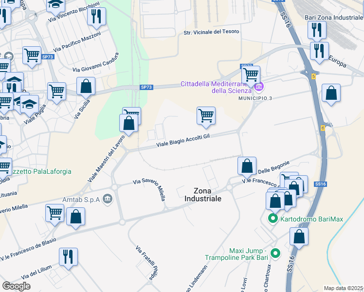 map of restaurants, bars, coffee shops, grocery stores, and more near 26 Viale Biagio Accolti Gil in Bari