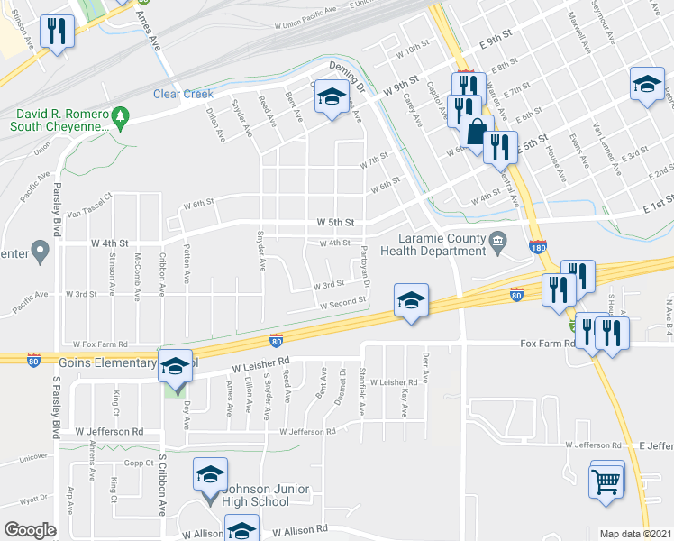 map of restaurants, bars, coffee shops, grocery stores, and more near 319 Annie Morgan Court in Cheyenne
