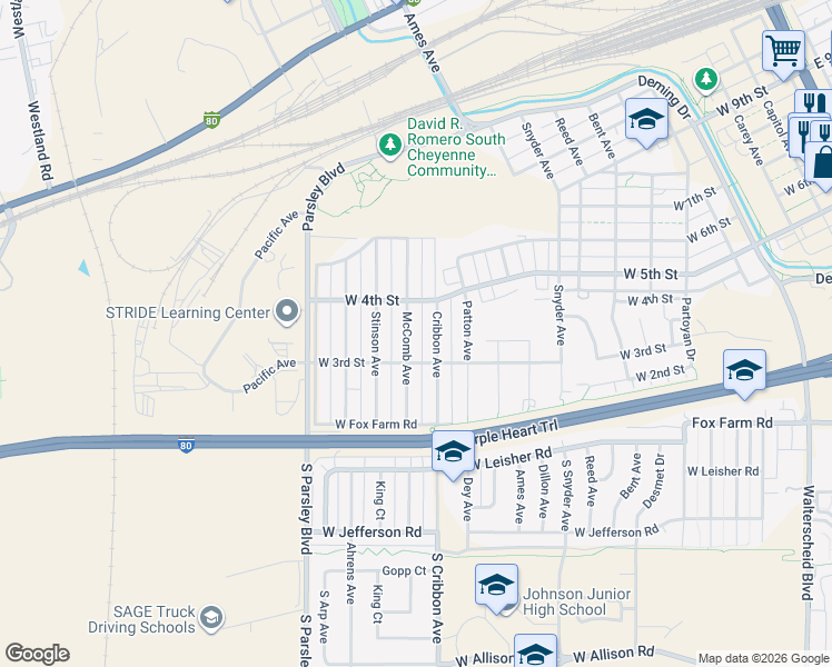 map of restaurants, bars, coffee shops, grocery stores, and more near 327 McComb Avenue in Cheyenne