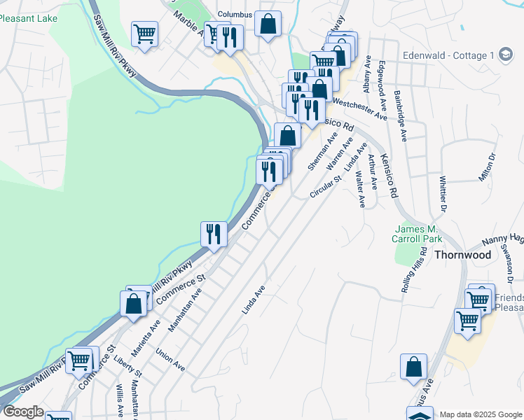 map of restaurants, bars, coffee shops, grocery stores, and more near 770 Commerce Street in Thornwood