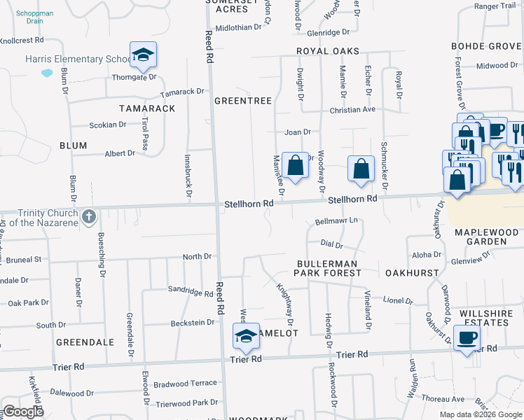 map of restaurants, bars, coffee shops, grocery stores, and more near 5048 Stellhorn Road in Fort Wayne