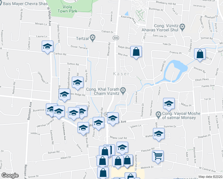 map of restaurants, bars, coffee shops, grocery stores, and more near 131 New York 306 in Monsey