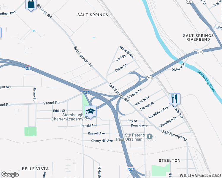 map of restaurants, bars, coffee shops, grocery stores, and more near 1614 Salt Springs Road in Youngstown