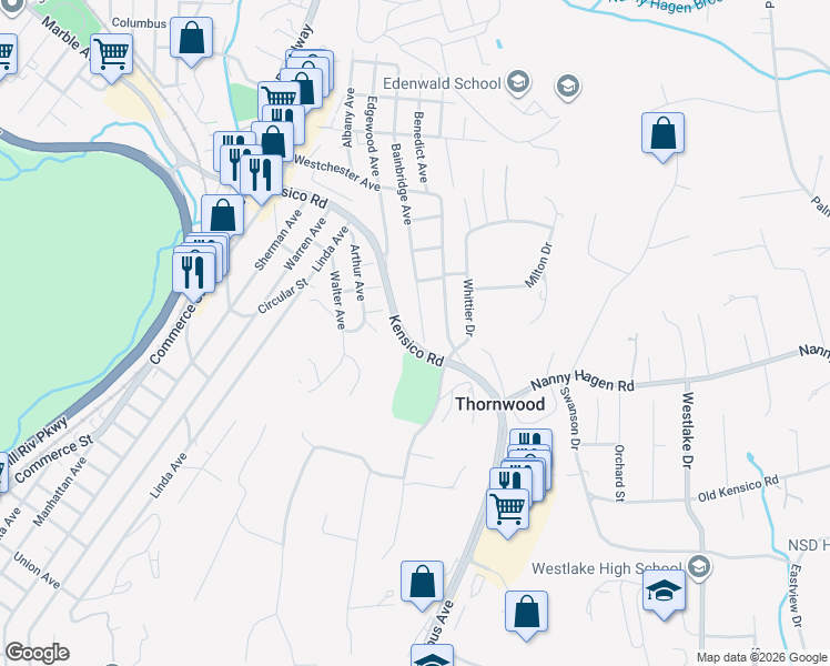 map of restaurants, bars, coffee shops, grocery stores, and more near 26 Bainbridge Avenue in Thornwood