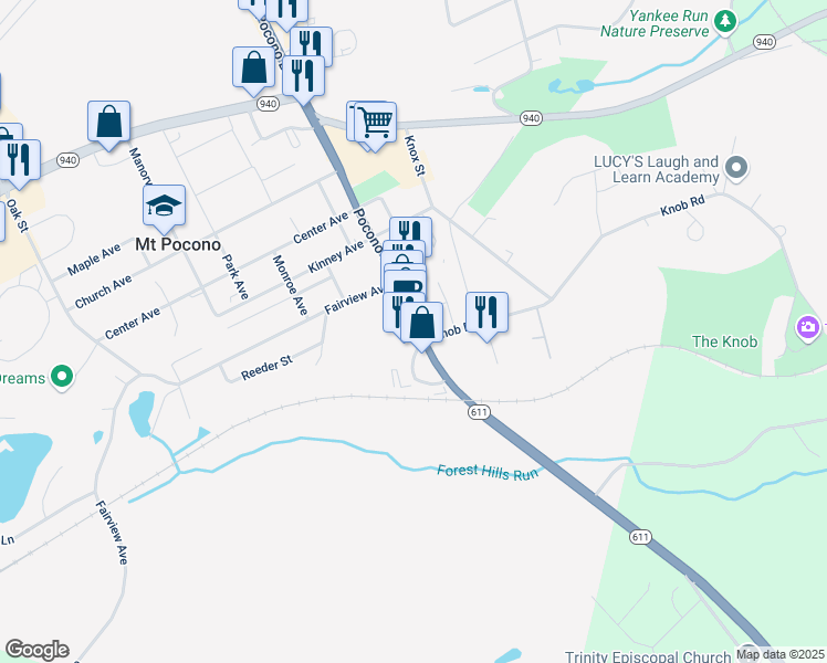map of restaurants, bars, coffee shops, grocery stores, and more near 1434 Pocono Boulevard in Mount Pocono