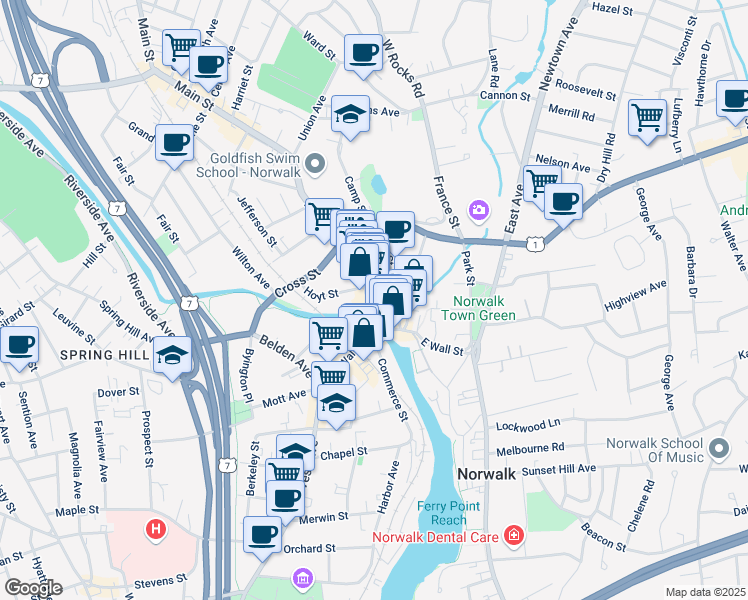 map of restaurants, bars, coffee shops, grocery stores, and more near 3 Main Street in Norwalk