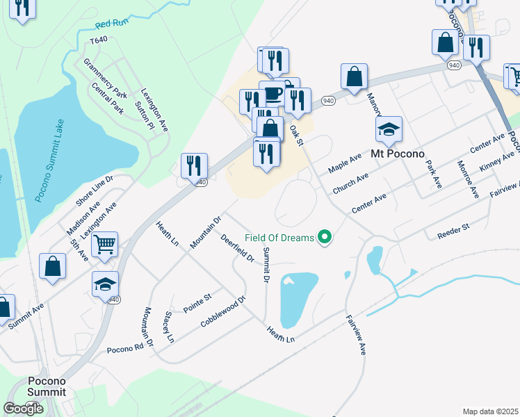 map of restaurants, bars, coffee shops, grocery stores, and more near 200 Oak Street in Mount Pocono