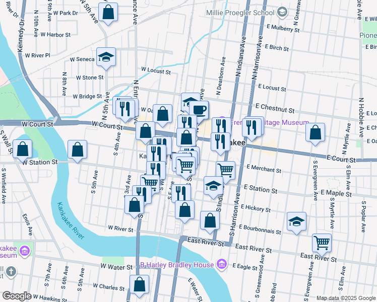 map of restaurants, bars, coffee shops, grocery stores, and more near 100-198 South Schuyler Avenue in Kankakee
