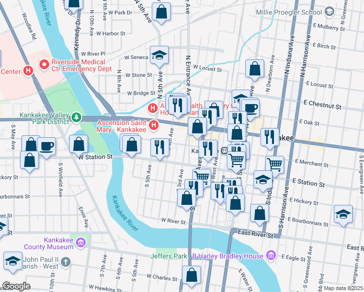 map of restaurants, bars, coffee shops, grocery stores, and more near 338 West Merchant Street in Kankakee