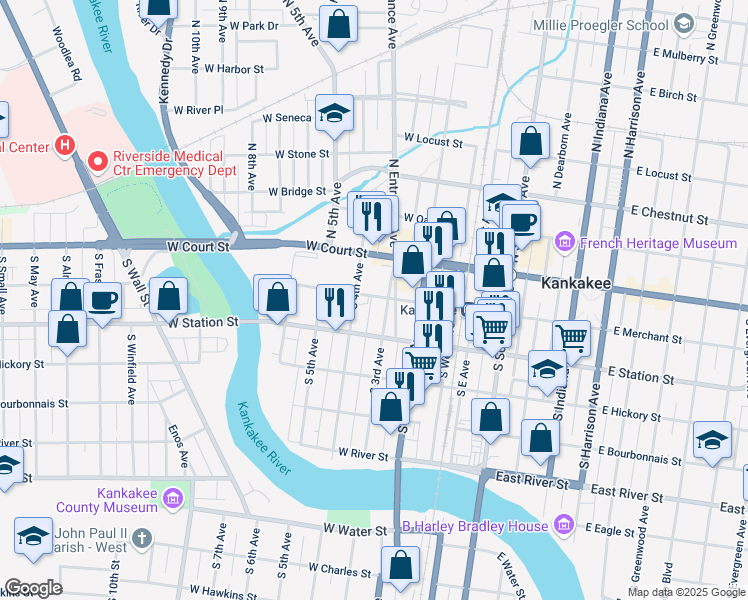 map of restaurants, bars, coffee shops, grocery stores, and more near 338 West Merchant Street in Kankakee