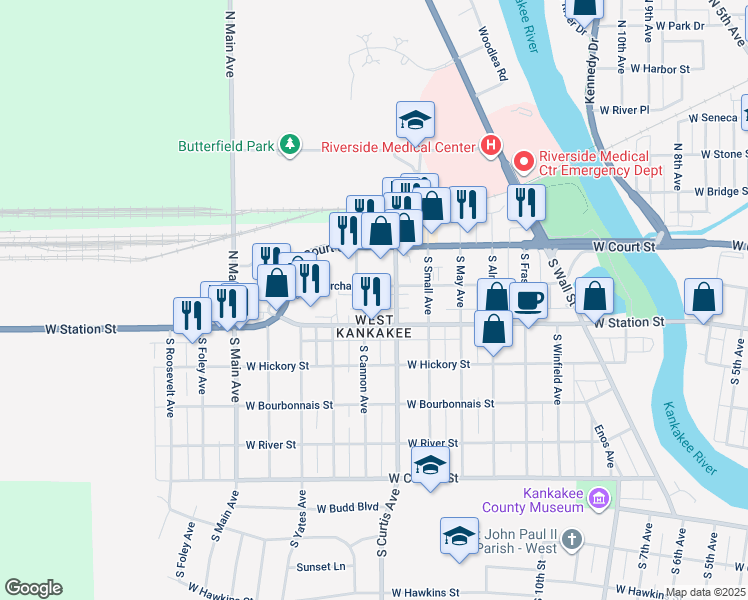 map of restaurants, bars, coffee shops, grocery stores, and more near 220 South Cannon Avenue in Kankakee