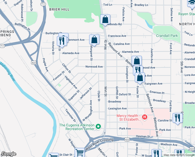 map of restaurants, bars, coffee shops, grocery stores, and more near 704 Clyde Street in Youngstown