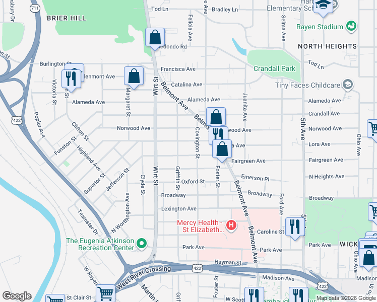 map of restaurants, bars, coffee shops, grocery stores, and more near 716 Fairgreen Avenue in Youngstown