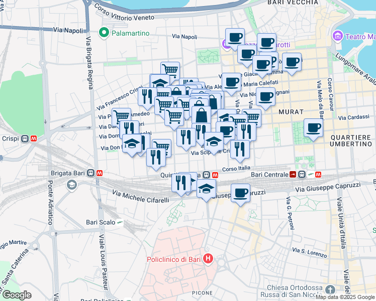 map of restaurants, bars, coffee shops, grocery stores, and more near 305 Via Trevisani in Bari