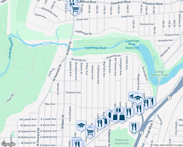 map of restaurants, bars, coffee shops, grocery stores, and more near 1246 Sawyer Avenue in Akron