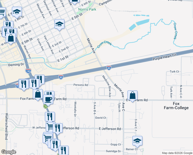 map of restaurants, bars, coffee shops, grocery stores, and more near 512 Targhee Avenue in Cheyenne