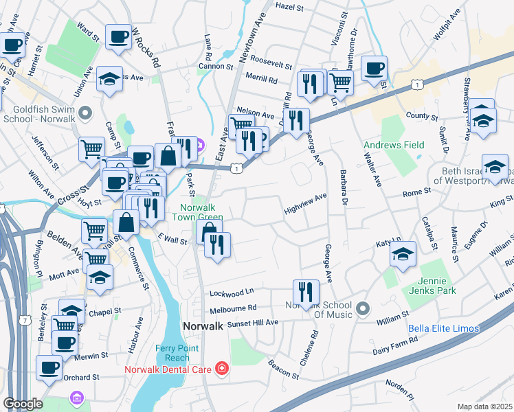 map of restaurants, bars, coffee shops, grocery stores, and more near 14 Walnut Avenue in Norwalk