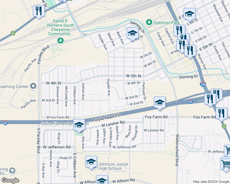 map of restaurants, bars, coffee shops, grocery stores, and more near 338 Maddies Way in Cheyenne