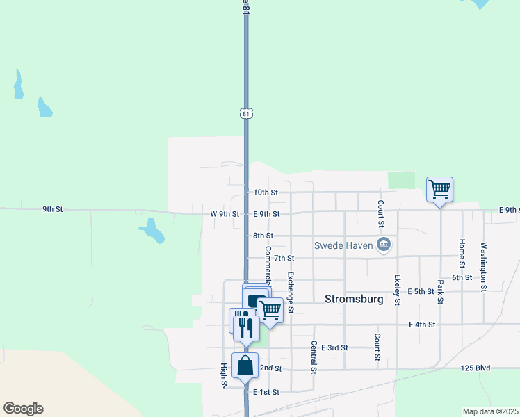 map of restaurants, bars, coffee shops, grocery stores, and more near 111 East 9th Street in Stromsburg