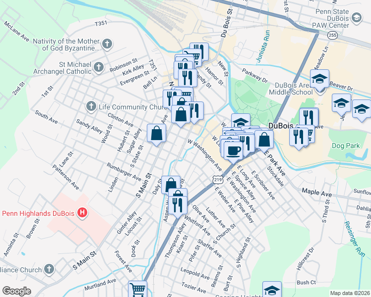 map of restaurants, bars, coffee shops, grocery stores, and more near 111 S Franklin St in DuBois