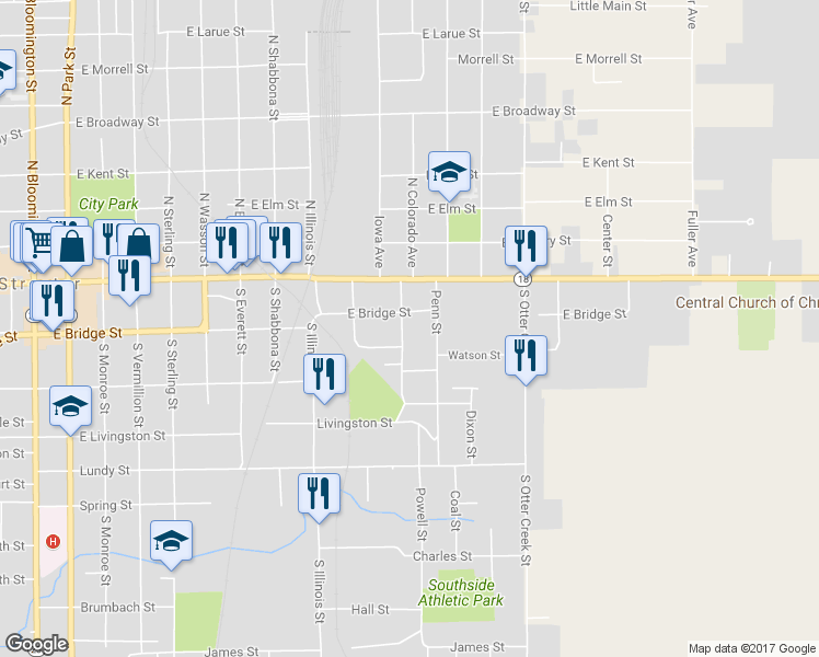 map of restaurants, bars, coffee shops, grocery stores, and more near 207 South Colorado Avenue in Streator
