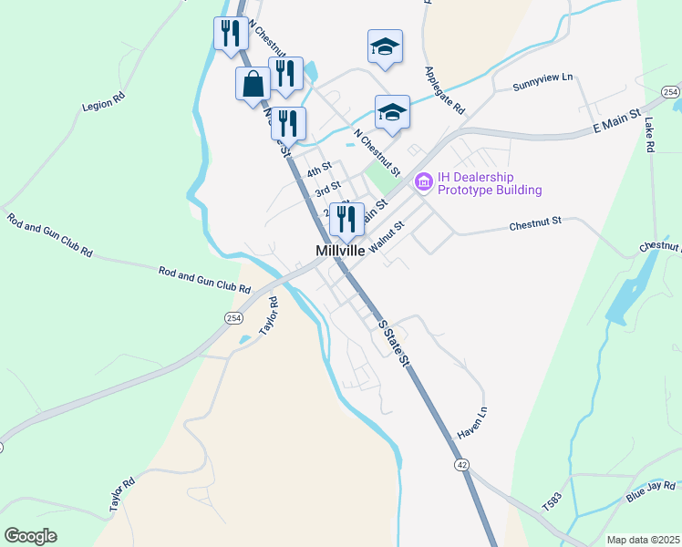 map of restaurants, bars, coffee shops, grocery stores, and more near 60 South State Street in Millville