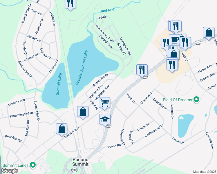 map of restaurants, bars, coffee shops, grocery stores, and more near 1241 Lexington Avenue in Pocono Summit