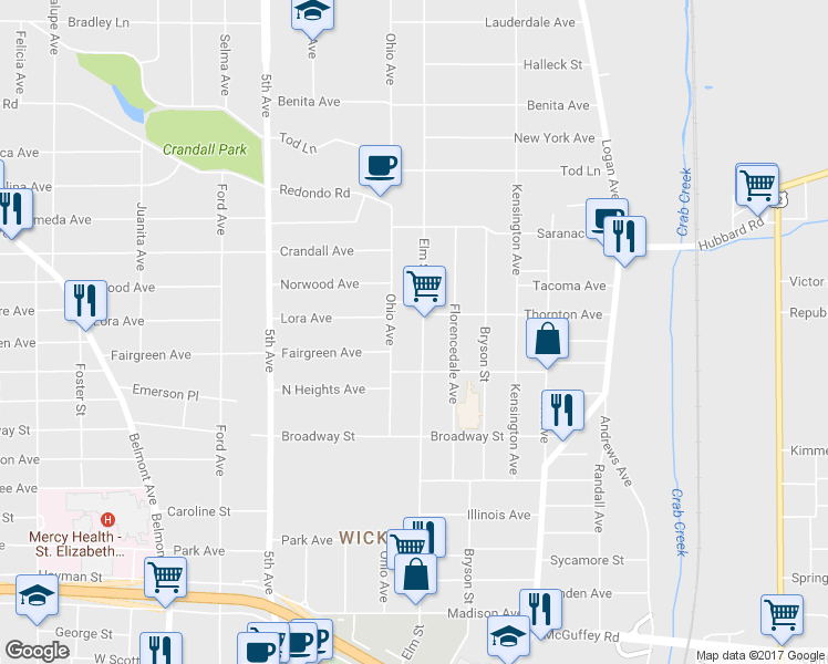 map of restaurants, bars, coffee shops, grocery stores, and more near 1440 Elm Street in Youngstown