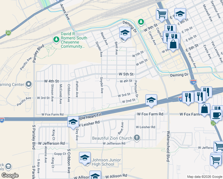 map of restaurants, bars, coffee shops, grocery stores, and more near 335 Maddies Way in Cheyenne