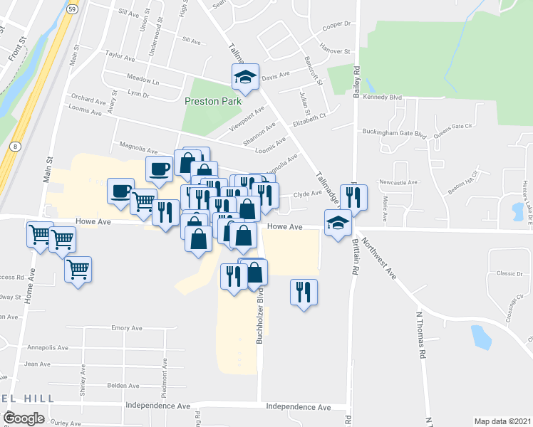 map of restaurants, bars, coffee shops, grocery stores, and more near 1220 Buchholzer Boulevard in Cuyahoga Falls
