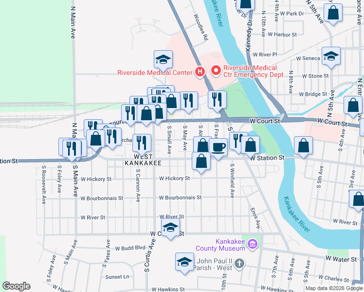 map of restaurants, bars, coffee shops, grocery stores, and more near 233 South May Avenue in Kankakee