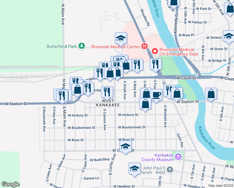 map of restaurants, bars, coffee shops, grocery stores, and more near 220 South Curtis Avenue in Kankakee