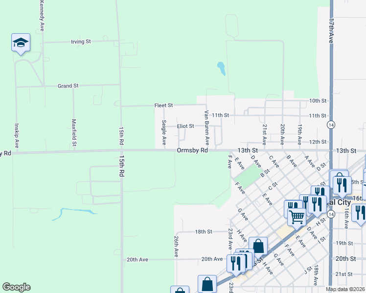 map of restaurants, bars, coffee shops, grocery stores, and more near 2515 13th Street in Central City