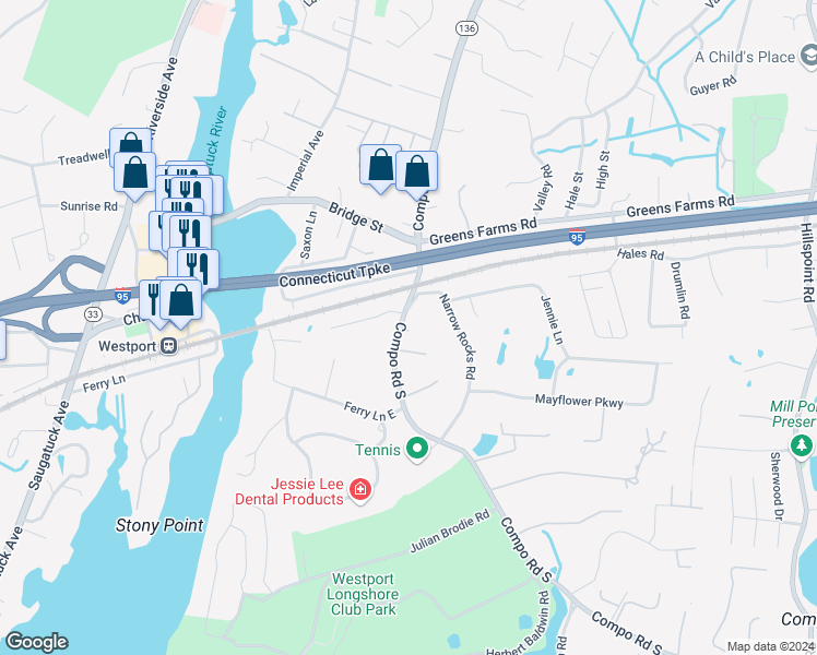 map of restaurants, bars, coffee shops, grocery stores, and more near 211 Compo Road South in Westport