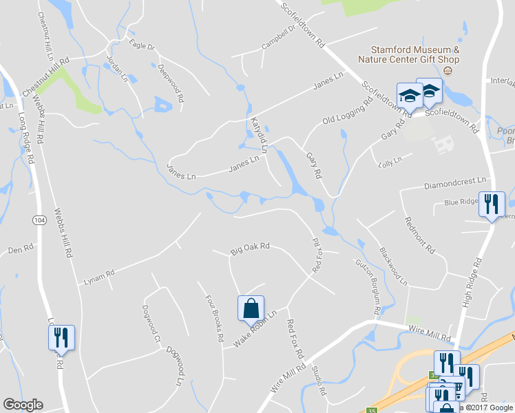 map of restaurants, bars, coffee shops, grocery stores, and more near 285 Red Fox Road in Stamford
