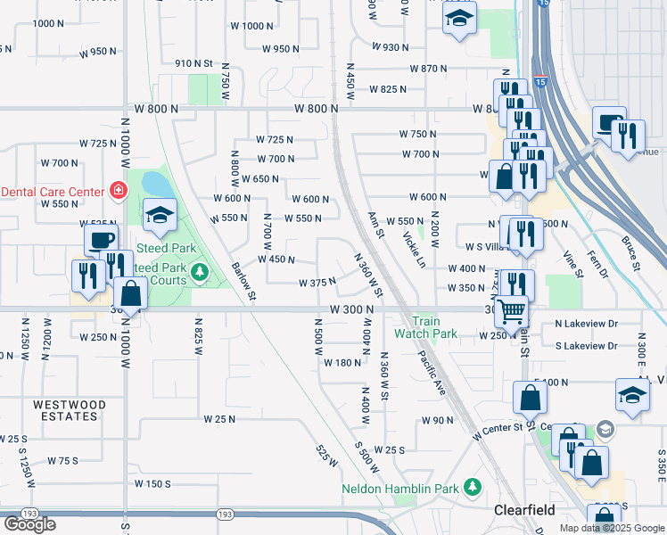 map of restaurants, bars, coffee shops, grocery stores, and more near 416 North 450 West in Clearfield