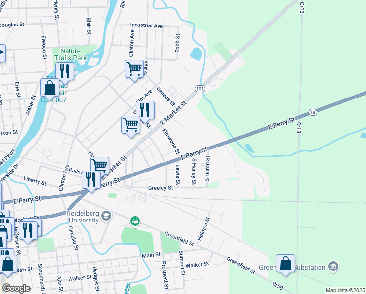 map of restaurants, bars, coffee shops, grocery stores, and more near 22 Elmwood Street in Tiffin