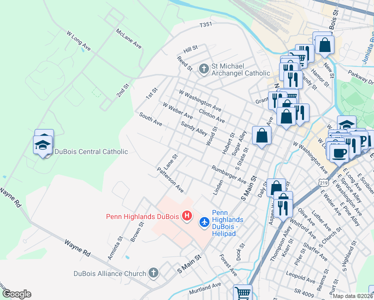 map of restaurants, bars, coffee shops, grocery stores, and more near 322 Rumbarger Avenue in DuBois